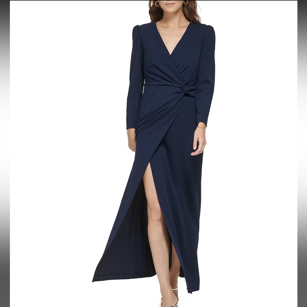 DKNY Stretch V-Neck Long Sleeve Knit Waist Side Slit Gown